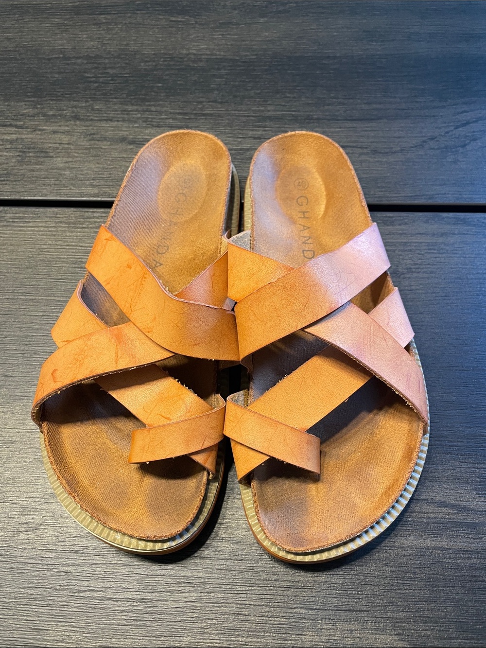 Ghanda Tan Crisscross Leather Slide Sandals